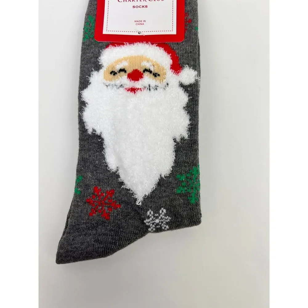 Charter Club Women's Holiday Crew Socks - Santa and Snowflakes on Grey Socks